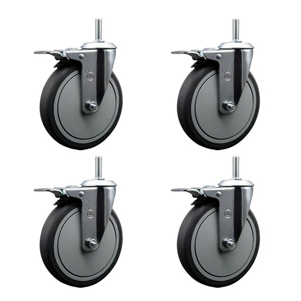 6 Inch Thermoplastic  Rubber Swivel 34 Inch Threaded Stem Caster Set with Total Lock Brake